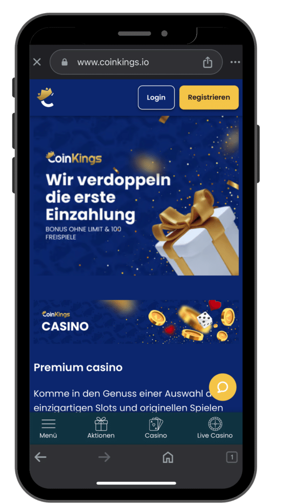 CoinKings Casino Bonus in der Iphone 14 Ansicht